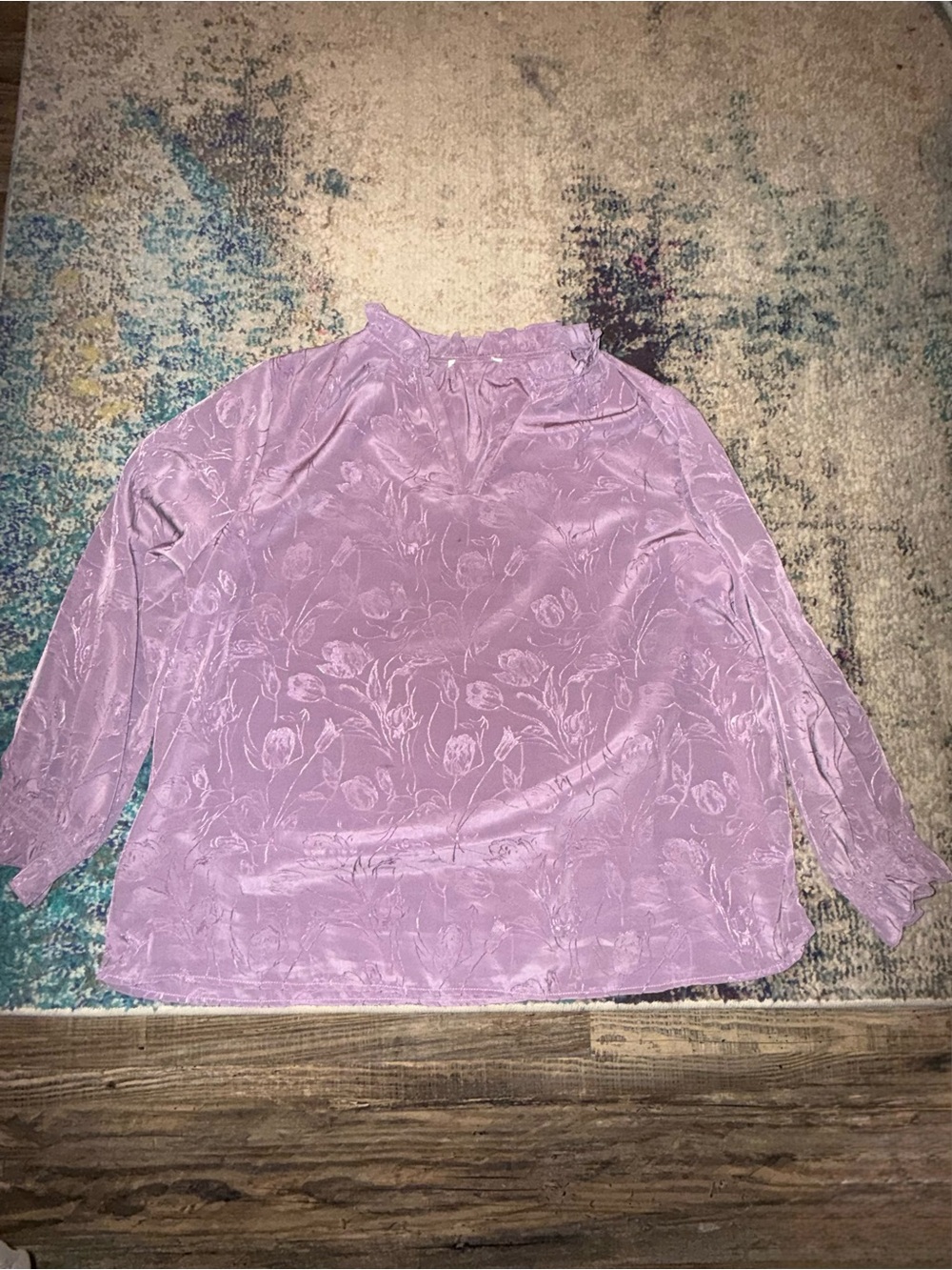 Lilac Floral Jacquard Blouse with Ruffled Neck - Women Tops